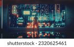 Small photo of Excited Beautiful Young Female with Blue Hair Looking Out of the Window with Futuristic Urban City with Neon Lights at Night. Cyberpunk Style Reality with Advanced Autonomous Flying Transportation