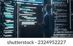 Small photo of Shot of Female Programmer Working in a Monitoring Control Room, Surrounded by Big Screens Displaying Lines of Programming Language Code. Portrait of Woman Creating a Software, Coding
