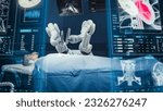 Small photo of Surgeons Operating Human and Using High-Precision Remote Controlled Robot Arms To Operate On Patient In Hospital. Doctors Working With Robotic Limbs, Observing Vitals On Holographic VFX Displays.
