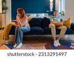 Small photo of Conflict, quarrel. Haughty husband sit on couch, feeling annoyed, offended. Woman with smartphone feeling ignored, misunderstood. Jealous neurotic man tyrant, abuser, humiliates wife. End relationship