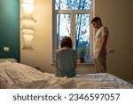 Small photo of Upset woman and man in difficult period of life. Domestic quarrels crisis in relationship difficult stage in marriage, sad husband and wife after argument. Concept of Shattered Romantic Relationships