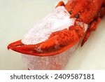 Small photo of close up of half frozen, pre-cooked lobster when thawing in a bowl, preparing thawed seafood