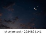 Small photo of Eid Al Adha,Eid Al Fifr Adha Mubrak Arabic Background Concept,Crescent Moon with Star on Dark Night Sky Dusk Nature Landscape,Symbols Moonlight Muslim Islamic New Year Muharram Religion.