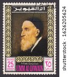 Small photo of UMM AL-QUWAIN - CIRCA 1967: stamp printed by Umm al-Quwain, shows Self portrait Tiziano Vecellio (1488-1576). Italian artist, circa 1967