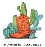 cowboy boot and cacti. hand... | Shutterstock .eps vector #2155258691