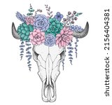 buffalo skull and flowers hand... | Shutterstock .eps vector #2156404381