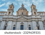 Small photo of Details of fountain dei Quattro Fiumi and the church Sant-Agnese in Agone on Navona square