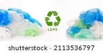 Small photo of Separate collection of plastic garbage. LDPE stuff for recycle on white background. Eco friendly concept. Recyclable plastic waste: bubble wrap, disposable bags, packing tape. Low Density Polyethylene