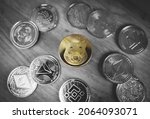 Small photo of Shiba Inu or Shib coin centrally placed among bunch of crypto coins. Close-up, soft focus. Banner with golden Shiba token. Black and white except yellow, selective color.