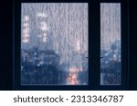 Wet window after autumn or winter rain. autumn depression, mental health concept. Window in dark room, outside window is rain and gray dull city