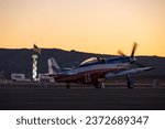 Small photo of Reno Stead, NV USA - Reno Air Races - September 15, 2023 - Miss America by home pylon on ramp at sunrise
