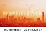 Small photo of Monkeypox outbreak concept. Monkeypox outbreak prevention, management, and control of the city concept. Cityscape, monkey, and monkey pox virus background.