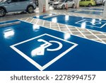 Car parking lot reserved for handicapped driver in supermarket or shopping mall. Car parking space for disabled people. Wheelchair sign paint on parking area. Blue and white handicapped parking lot.
