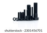 Small photo of Black bolts and nuts isolated on white background. Industrial fasteners. Hardware tools. Stud bolt, hex nuts, and hex head bolts. Threaded fastener use in automotive engineering. Metal fasteners.