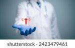 Small photo of Medical worker holding virtual uterus reproductive system. Woman health concept, PCOS, ovary gynecologic and cervix cancer. Medical examination, women's consultation, obstetrics, pregnancy.