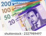 Small photo of All Moroccan Dirhams banknotes. 200 MAD banknote. 100 MAD banknote. 50 MAD banknote. 20 MAD banknote.