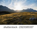 Wonderful autumn landscape in mountains. Grassy field and rolling hills. Sunset.