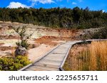 Wooden boardwalk on the Sulphur Banks trail in the Kilauea crater in the Hawaiian Volcanoes National Park on the Big Island of Hawai