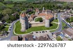 Small photo of Aerial view of the French castle of Blandy les Tours in Seine et Marne - Medieval feudal fortress with an hexagonal enclosure protected by large round towers