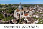 Small photo of Aerial view of the Saint Quiriace Collegiate Church in Provins, a medieval city in Seine et Marne, France - Slate dome on top of a hill in the French countryside