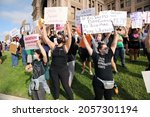 Small photo of Austin, TX, USA - Oct. 2, 2021: Women participants at the Women's March rally at the Capitol protest SB 8, Texas' abortion law that effectively bans abortions after six weeks of pregnancy.