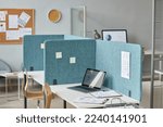 Small photo of Background image of office interior with workplaces separated by partition walls, cubicles with desks, copy space