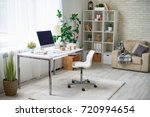 Background image of empty office space in cozy apartment with modern Scandinavian design