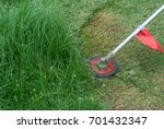 red brush cutter with grasses