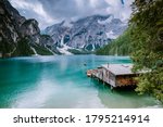 famous lake Lago Di Braies Italy, Pragser Wildsee in South Tyrol, Beautiful lake in the italian alps, Lago di Braies. vacation italian alps
