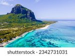 Small photo of droen aerial vie at Le Morne beach Mauritius Tropical beach with palm trees and white sand blue ocean, top view at the beach with mountain Le Morne