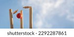 Cricket ball hitting wicket stumps knocking bails out against blue sky background