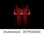 Small photo of Mystery people in a red hooded cloaks in the dark holding ritual daggers. Hiding face in shadow. Satanic symbols. Dark ritual. Sectarians. Isolated on black.