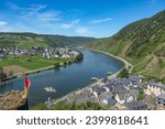 Small photo of Fantastic view of the river Moselle an its valley, and the world-famous town of Beilstein from the ruins of Castle Metternich, with a ferry and village idyll, and a huge floodgate in the background
