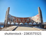 Small photo of GUDAURI, Georgia - January 03, 2023: The famous Peoples' Friendship Arch. The legacy of the USSR. Mosaic pattern.