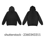 Template blank flat Black hoodie. Hoodie sweatshirt with long sleeve flatlay mockup for design and print. Hoody front and back top view isolated on white background