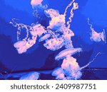 Realistic illustration jellyfish underwater dark background pop art print design futuristic retrowave style. Bright light Violet blue Blurred transparent animal acid graphics photo texture clipart