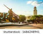 Small photo of Manila, Philippines - April 6, 2020: Bonifacio and the Katipunan Revolution Monument and clock tower of the Manila City Hall in Bonifacio Shrine, commemorates Andres Bonifacio.