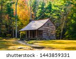 a restored log cabin surrounded by trees showing fall colors  in the Cades Cove region of the Great Smoky Mountains National Park, Tennessee
