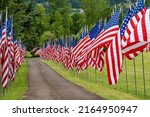 A display of United States flags on Memorial Day along a road in a cemetary near Dallas Oregon
