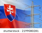 Slovakia flag on electric pole background. Power shortage and increased energy consumption in Slovakia. Energy development and energy crisis in Slovakia