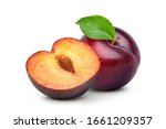Juicy red plum fruits with cut...