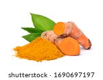 Small photo of Turmeric (Curcuma longa Linn) rhizome (root) sliced with Finely dry powder and green leaves isolated on white background.