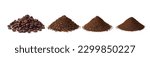Small photo of Roasted Coffee beans and different types of grinds coffee isolated on white background.