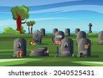 Colored cemetery gravestone composition day in a well kept cemetery flowers next to tombstones and sunshine all around vector illustration