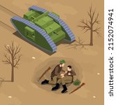 First world war isometric composition with armored tank and infantry in entrenchment vector illustration