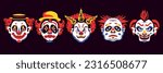 Set of isolated clowns faces with scary heads painted noses eyebrows red lips and funny hats vector illustration