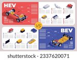 PHEV isometric infographic set with plug in hybrid car components vector illustration