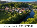 Small photo of Ponte Maceira, Spain - May 24th 2023 - Aerial view at sunrise of the beautiful fairytale Spanish town of Ponte Maceira - Close to Santiago de Compostela