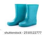 Blue rubber boots isolated on white background. Kids shoes for water. 