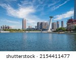 The skyline of modern urban architecture and the scenery and bridges of Haihe River in Tianjin, China